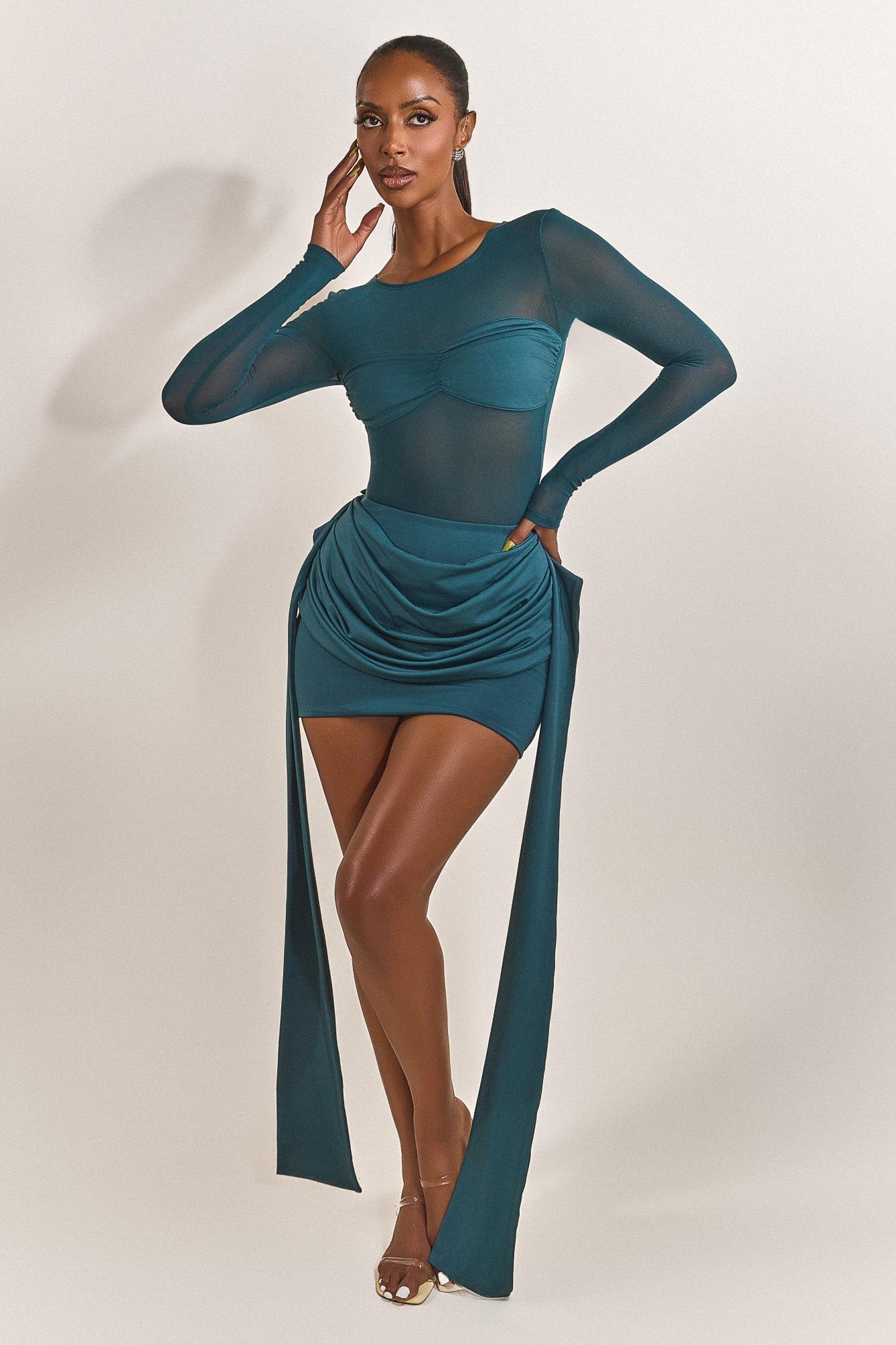 Mesh Long Sleeve Gathering Mini Dress