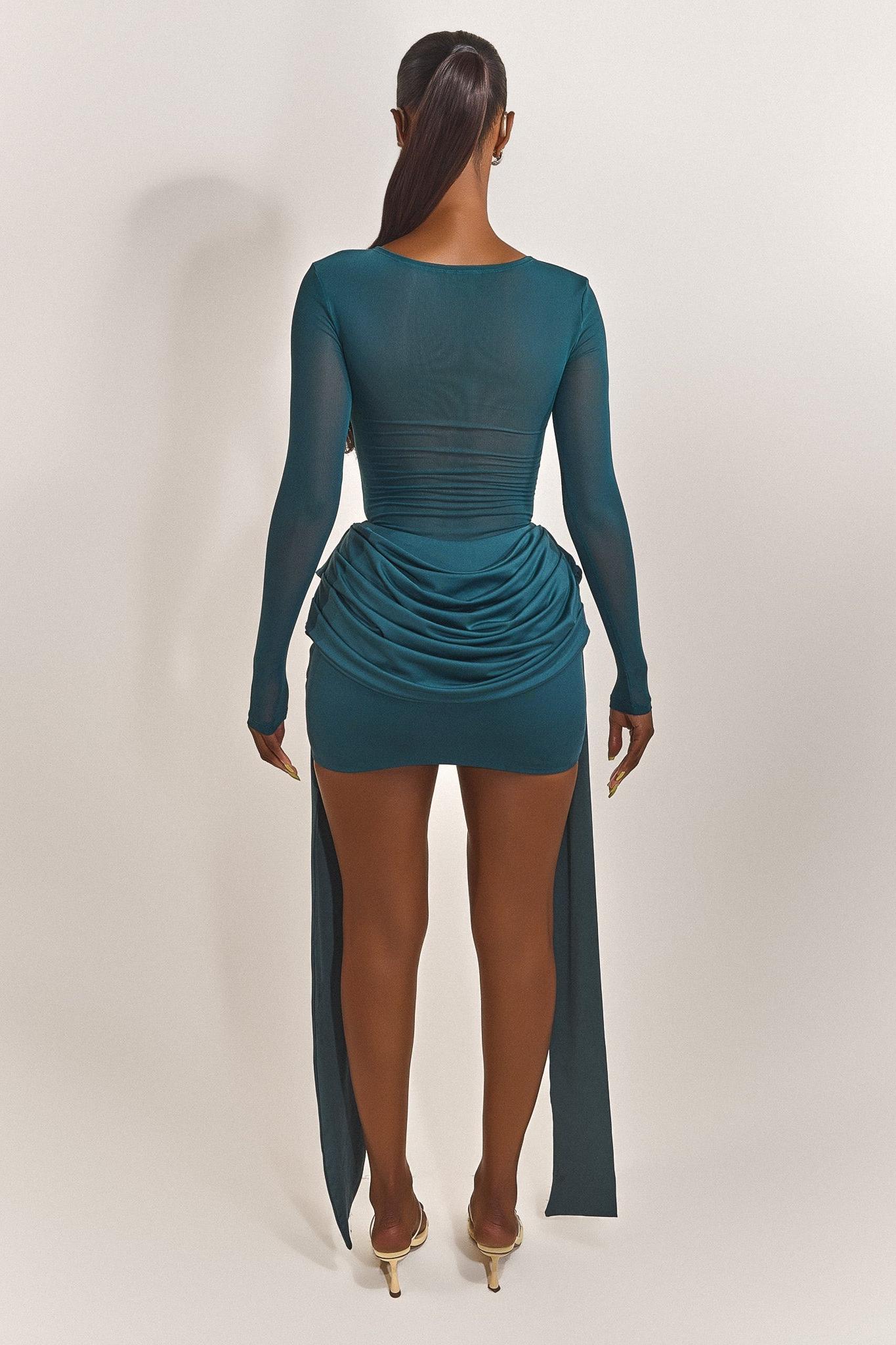 Mesh Long Sleeve Gathering Mini Dress