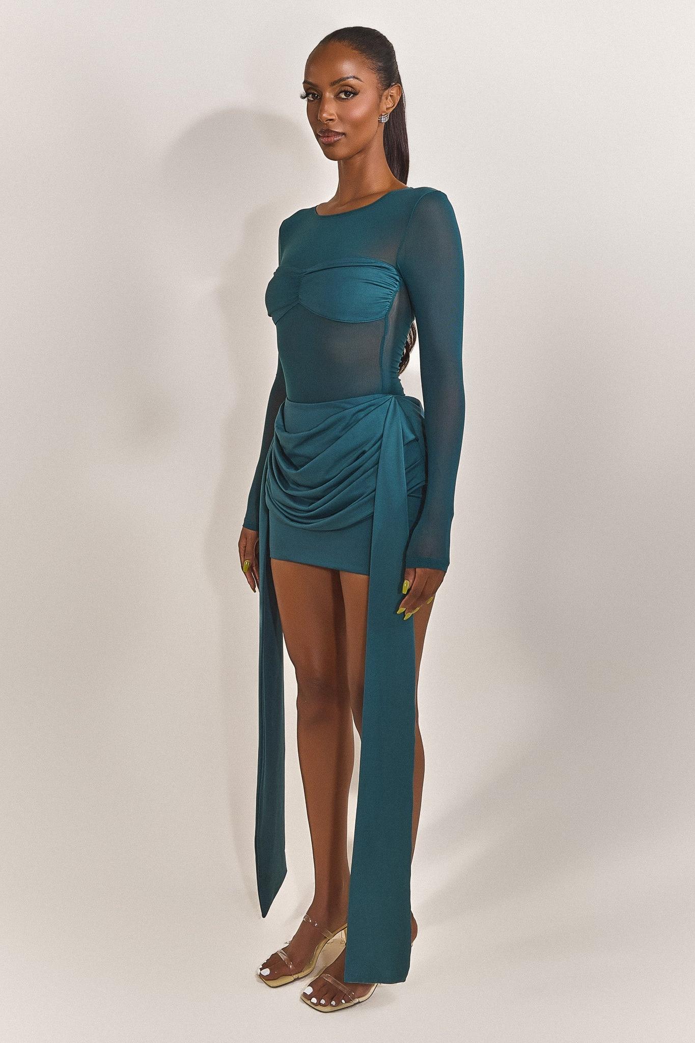 Mesh Long Sleeve Gathering Mini Dress