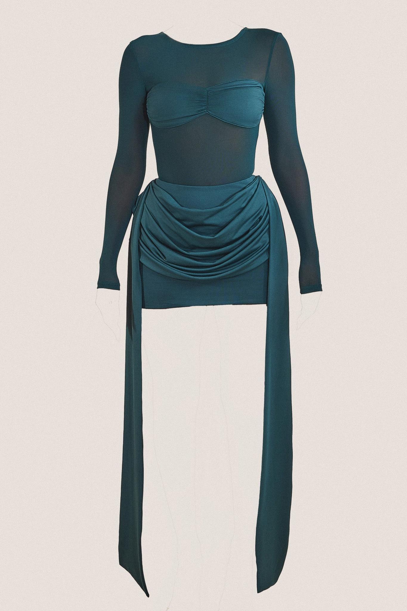 Mesh Long Sleeve Gathering Mini Dress