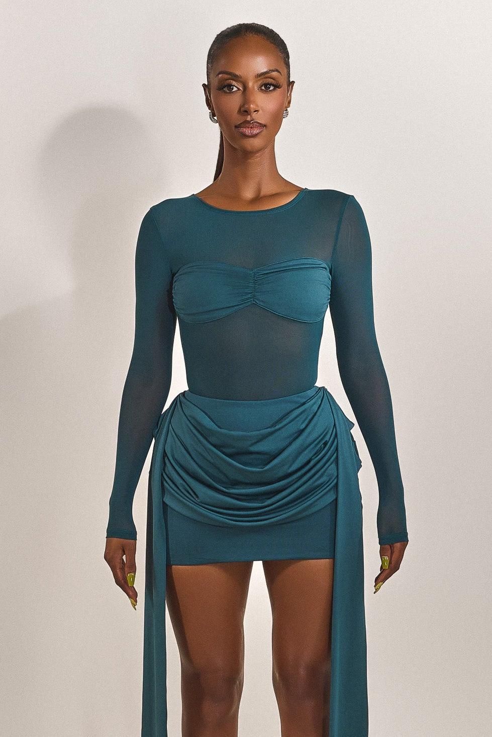 Mesh Long Sleeve Gathering Mini Dress