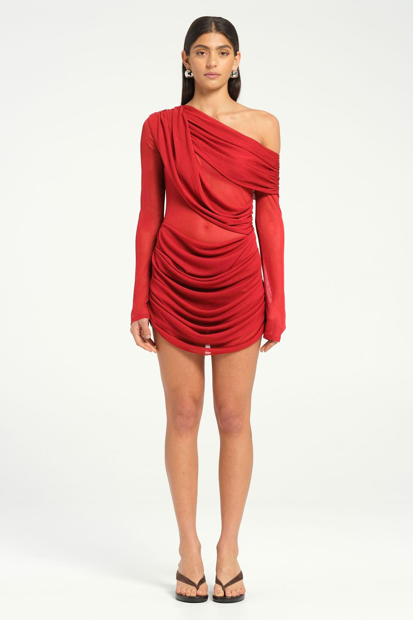 Skew Collar Long Sleeve Ruched Mini Dress