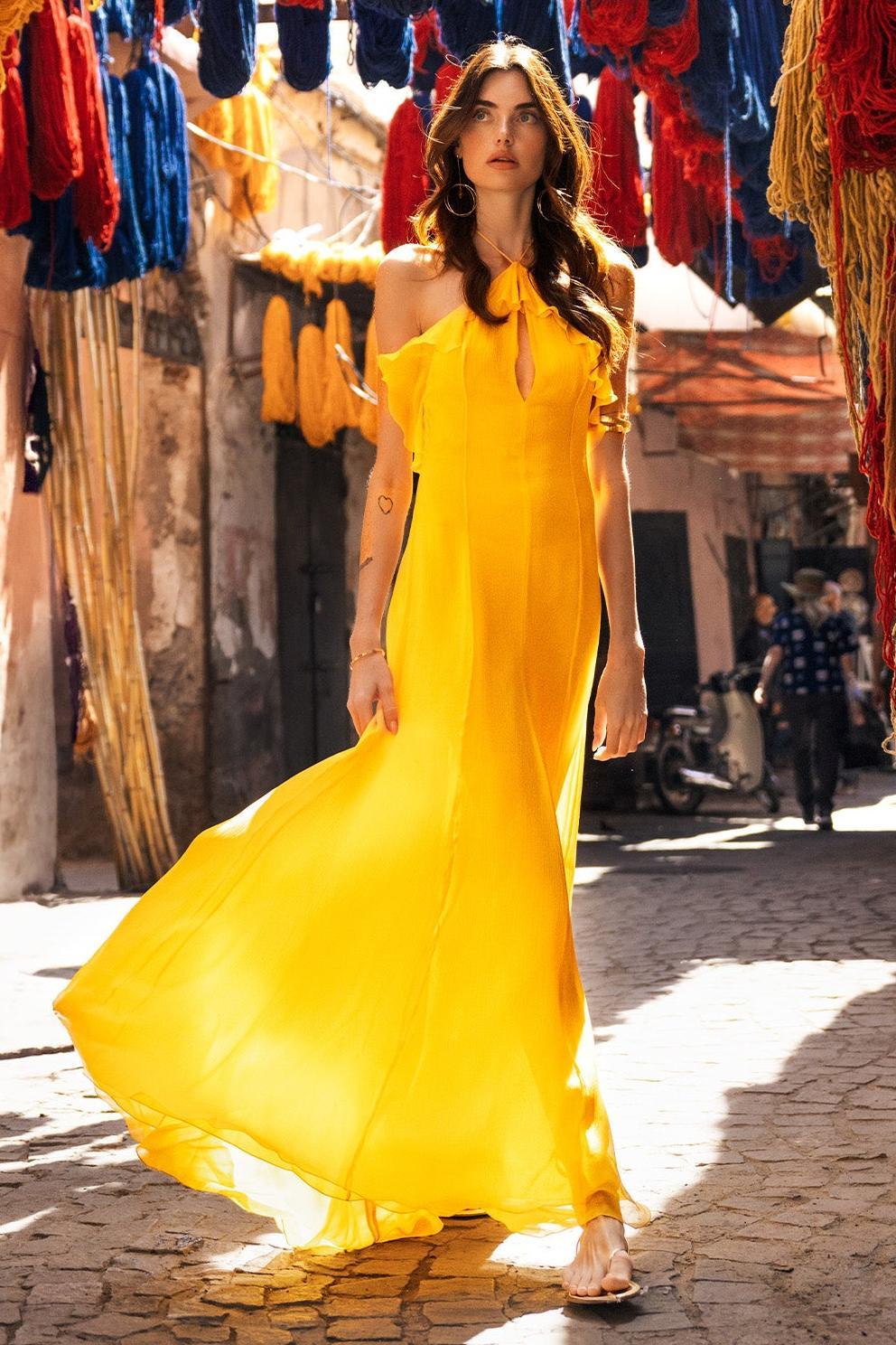 Chiffon Cut-Out Frill Maxi Dress