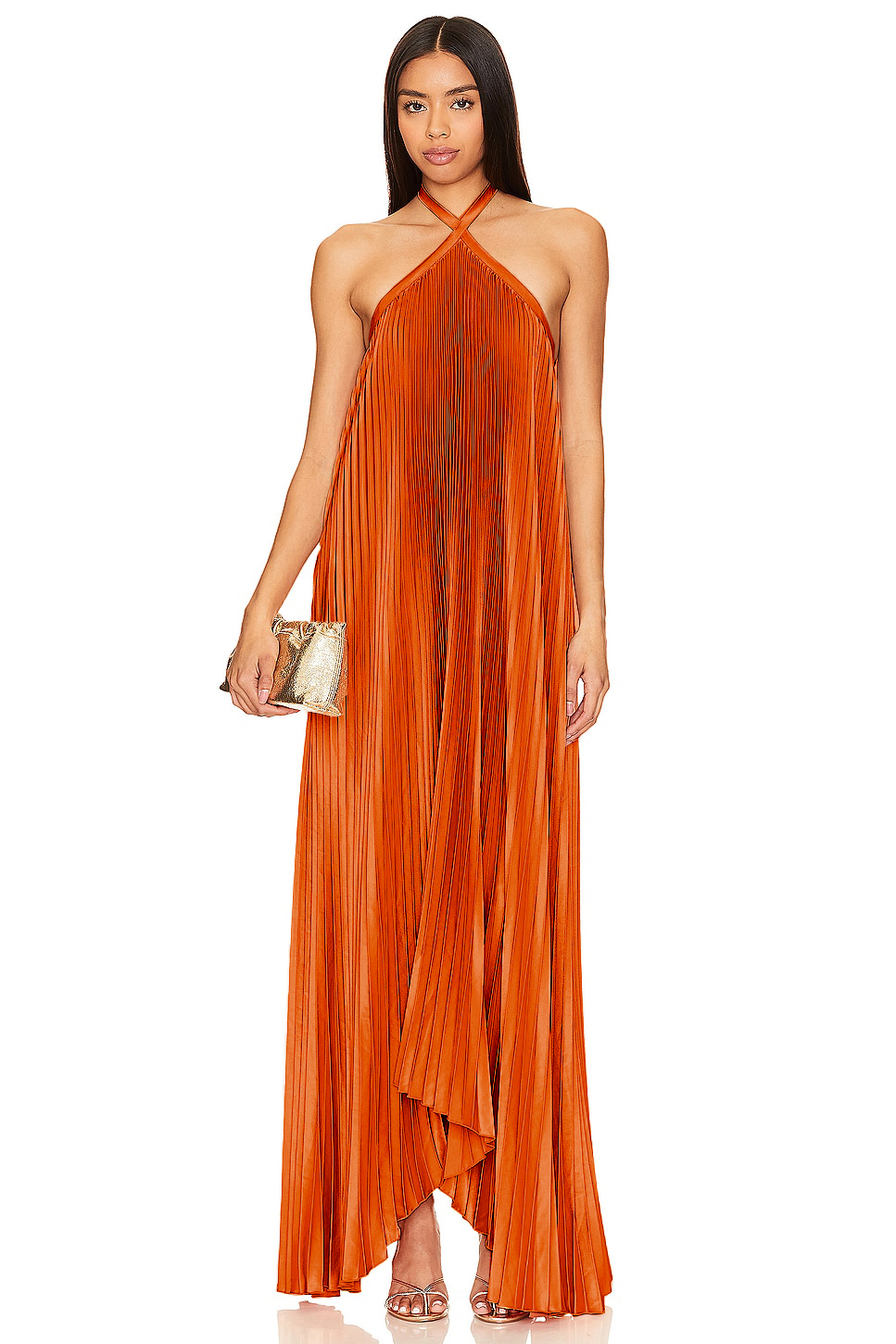 Satin Halter Neck Pleated Maxi Dress
