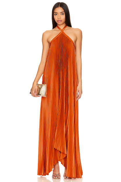 Satin Halter Neck Pleated Maxi Dress