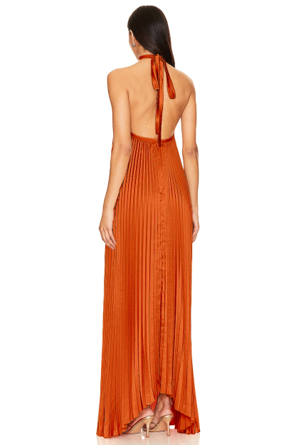 Satin Halter Neck Pleated Maxi Dress