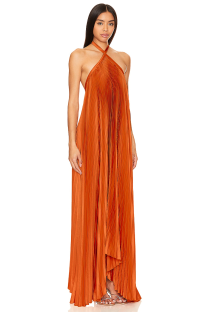 Satin Halter Neck Pleated Maxi Dress