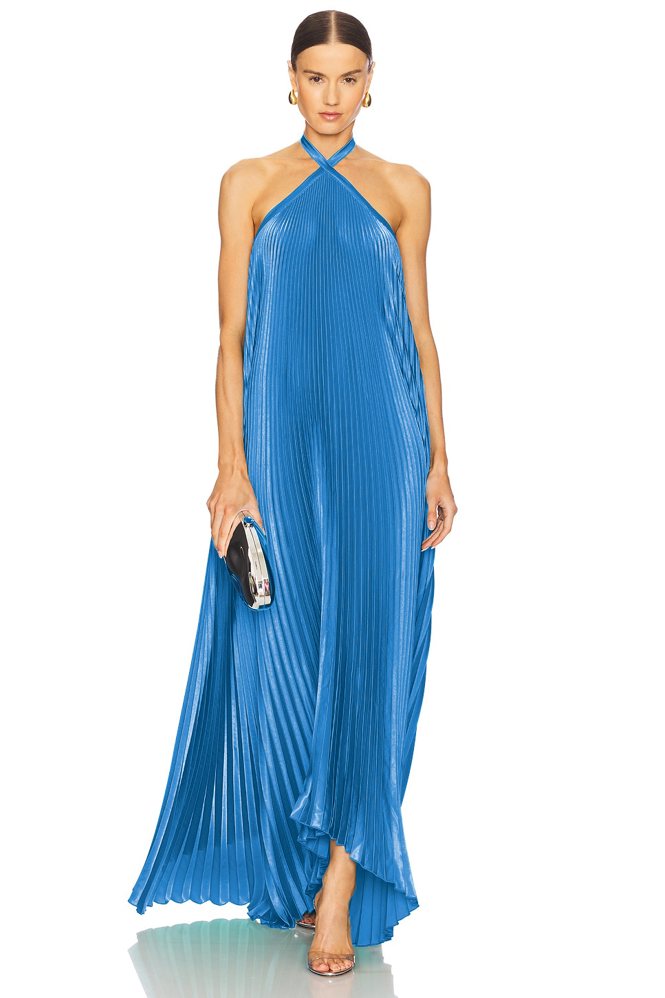 Satin Halter Neck Pleated Maxi Dress