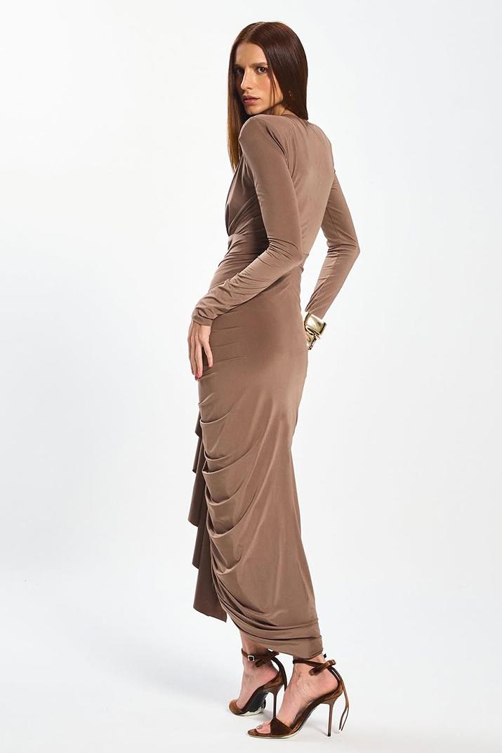 V-Neck Long Sleeve Frill Maxi Dress