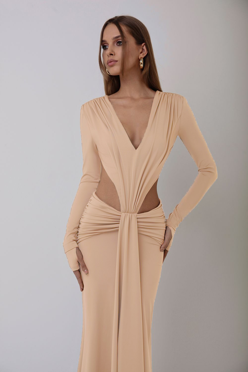 Long Sleeve Cut-Out Slit Maxi Dress