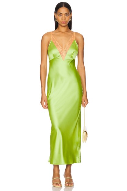 Lace V-Neck Satin Maxi Dress