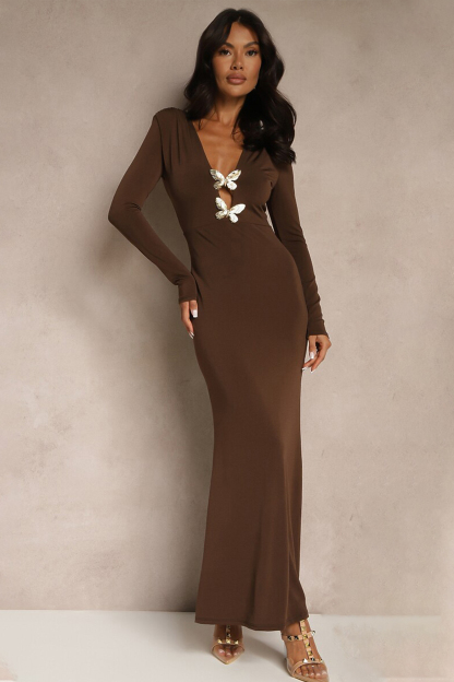 Metal Butterfly Long Sleeve V-Neck Maxi Dress