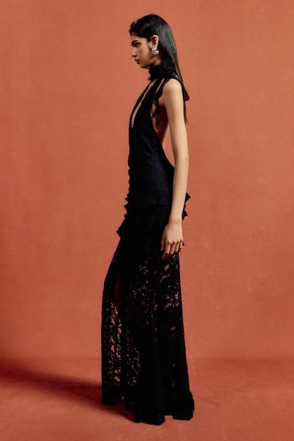 3D Flower Lace Frill Maxi Dress