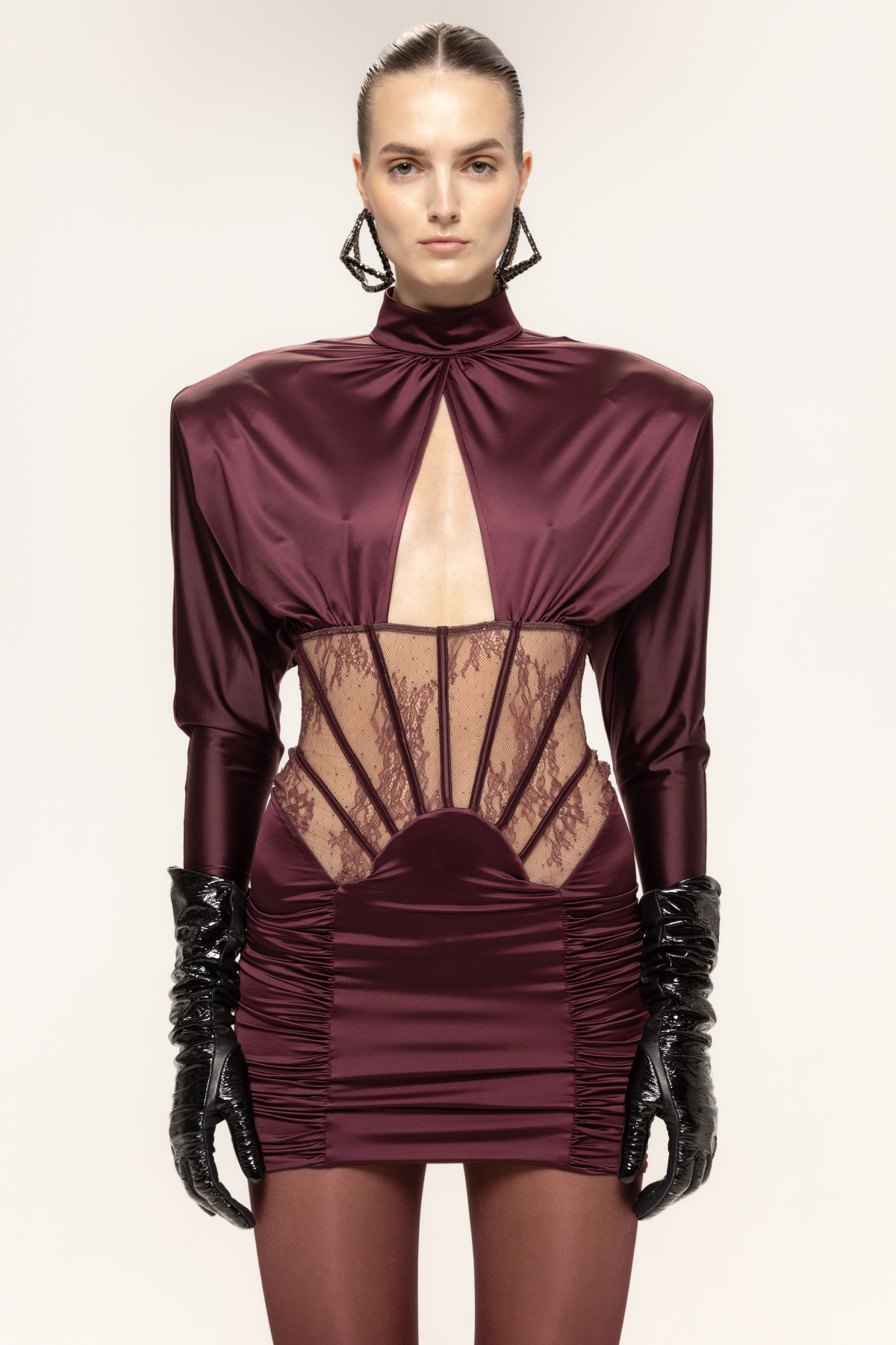 Satin Long Sleeve Cut-Out Mini Dress