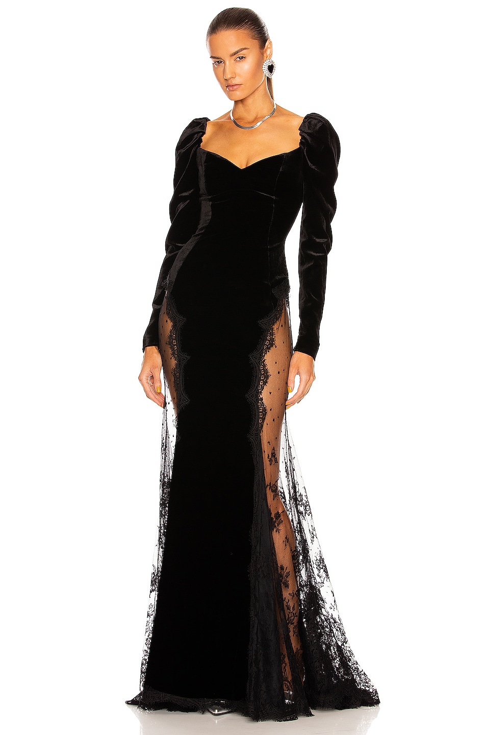 Velvet Splicing Lace Long Sleeve Maxi Dress