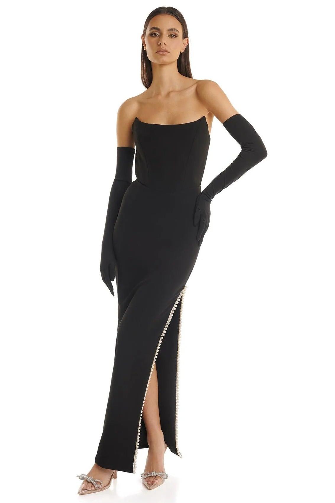 Corset Faux Pearl Slit Maxi Dress With Gloves