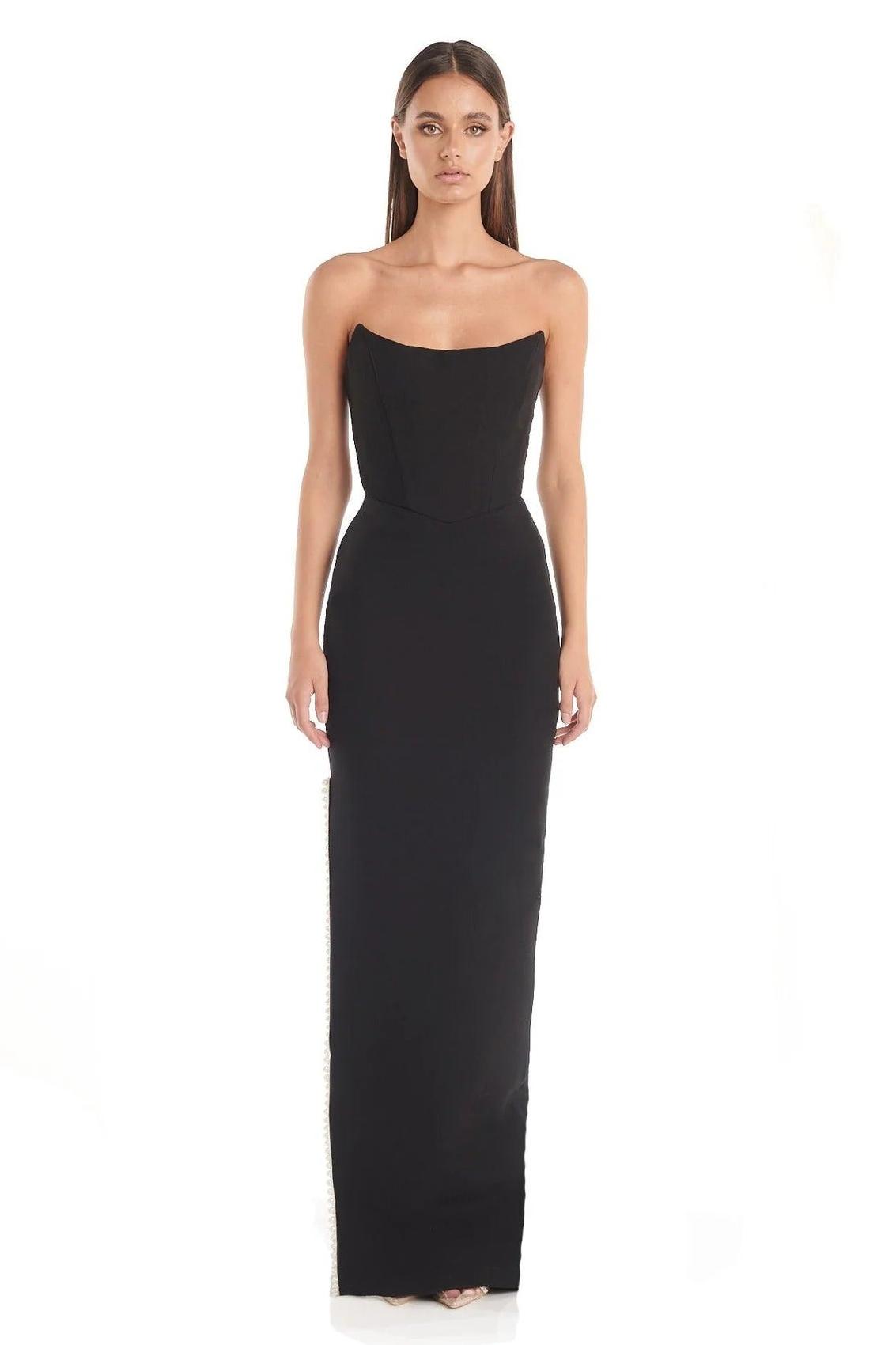 Corset Faux Pearl Slit Maxi Dress With Gloves