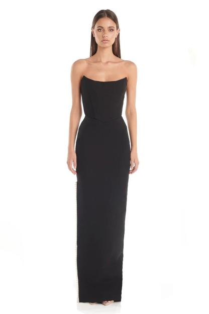 Corset Faux Pearl Slit Maxi Dress With Gloves