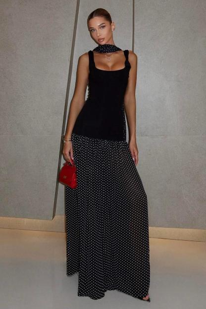 Polka Dot Square Collar Sleeveless Maxi Dress