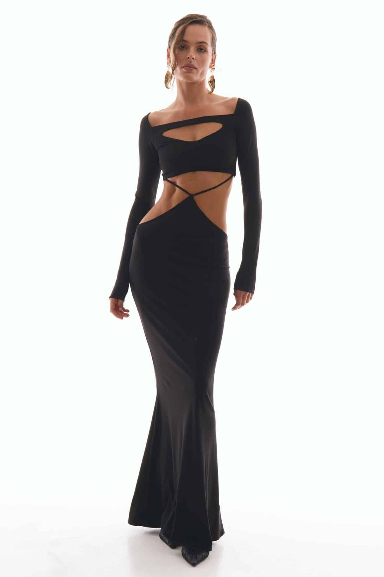 Solid Long Sleeve Cut-Out Maxi Dress
