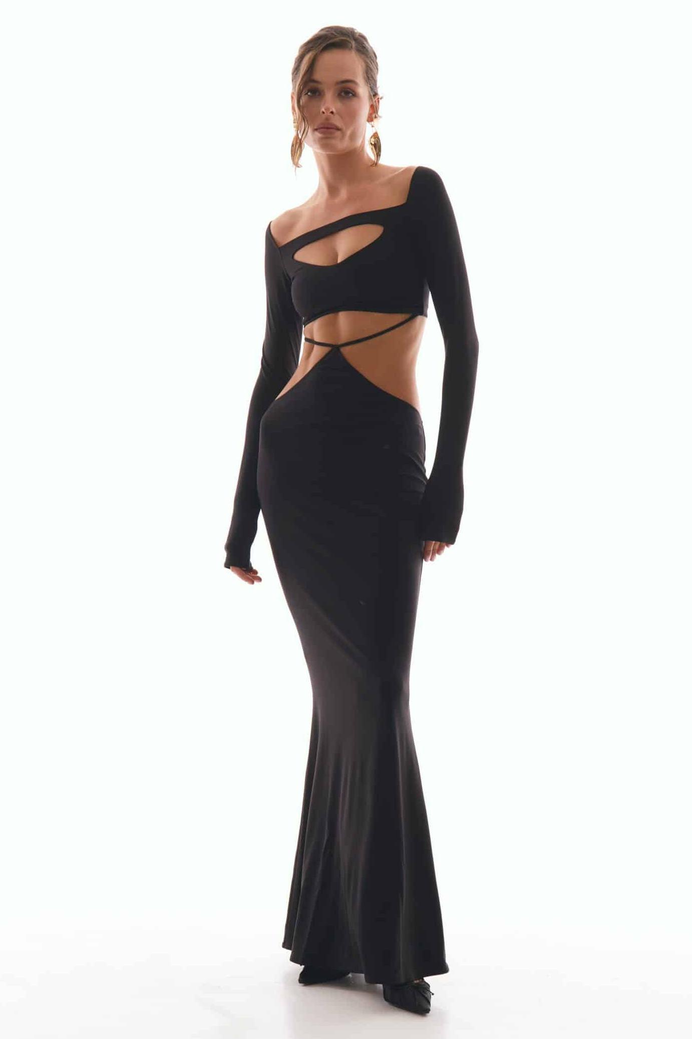 Solid Long Sleeve Cut-Out Maxi Dress