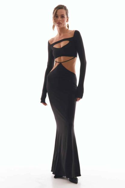 Solid Long Sleeve Cut-Out Maxi Dress