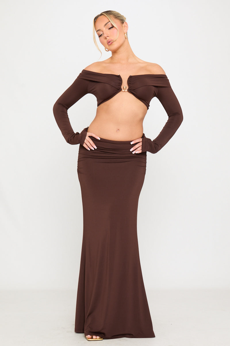 Long Sleeve Off-Shoulder Top & Gathering Low Waist Maxi Skirt Set