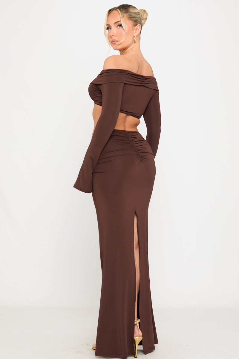 Long Sleeve Off-Shoulder Top & Gathering Low Waist Maxi Skirt Set