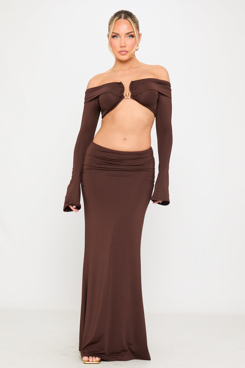 Long Sleeve Off-Shoulder Top & Gathering Low Waist Maxi Skirt Set