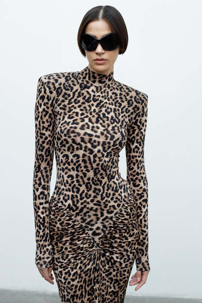 Animal Print Long Sleeve Gathering Maxi Dress