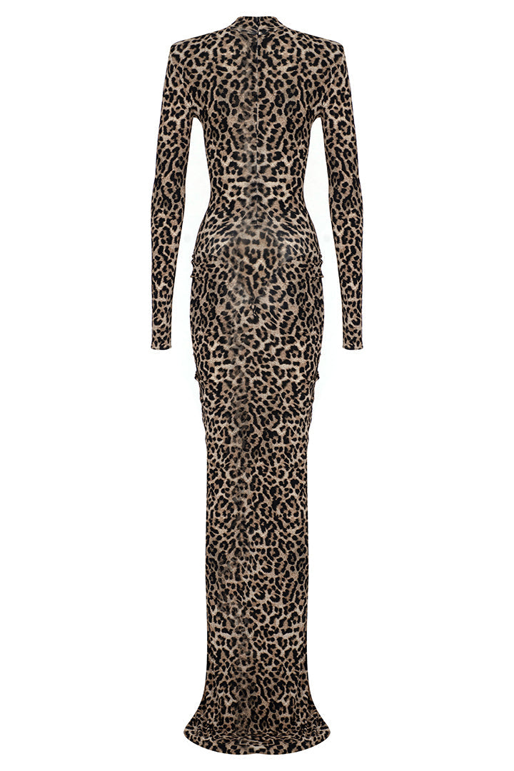 Animal Print Long Sleeve Gathering Maxi Dress