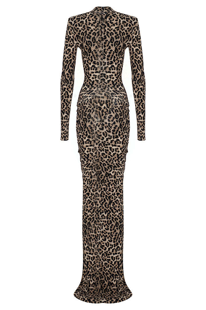 Animal Print Long Sleeve Gathering Maxi Dress