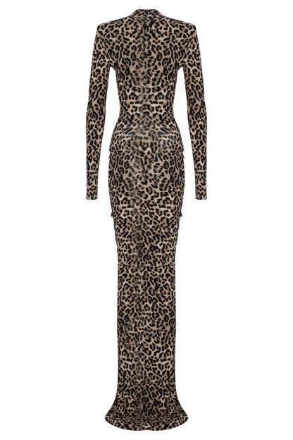 Animal Print Long Sleeve Gathering Maxi Dress