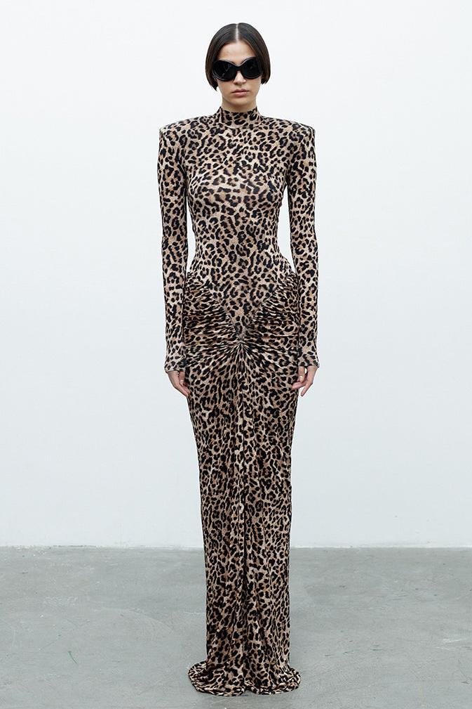 Animal Print Long Sleeve Gathering Maxi Dress