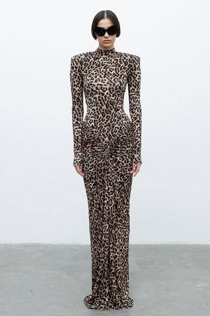 Animal Print Long Sleeve Gathering Maxi Dress