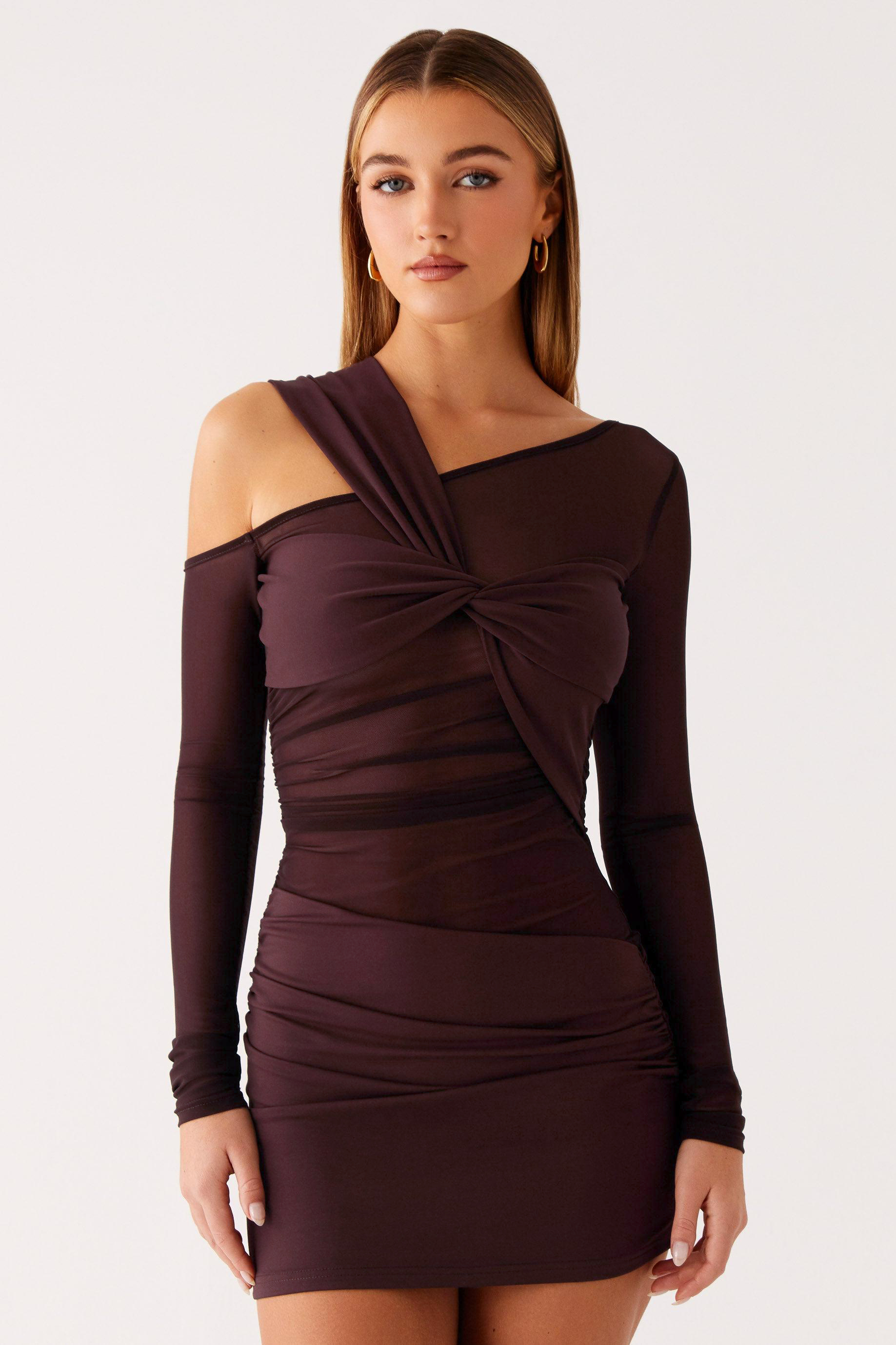 Mesh Long Sleeve Knotted Mini Dress