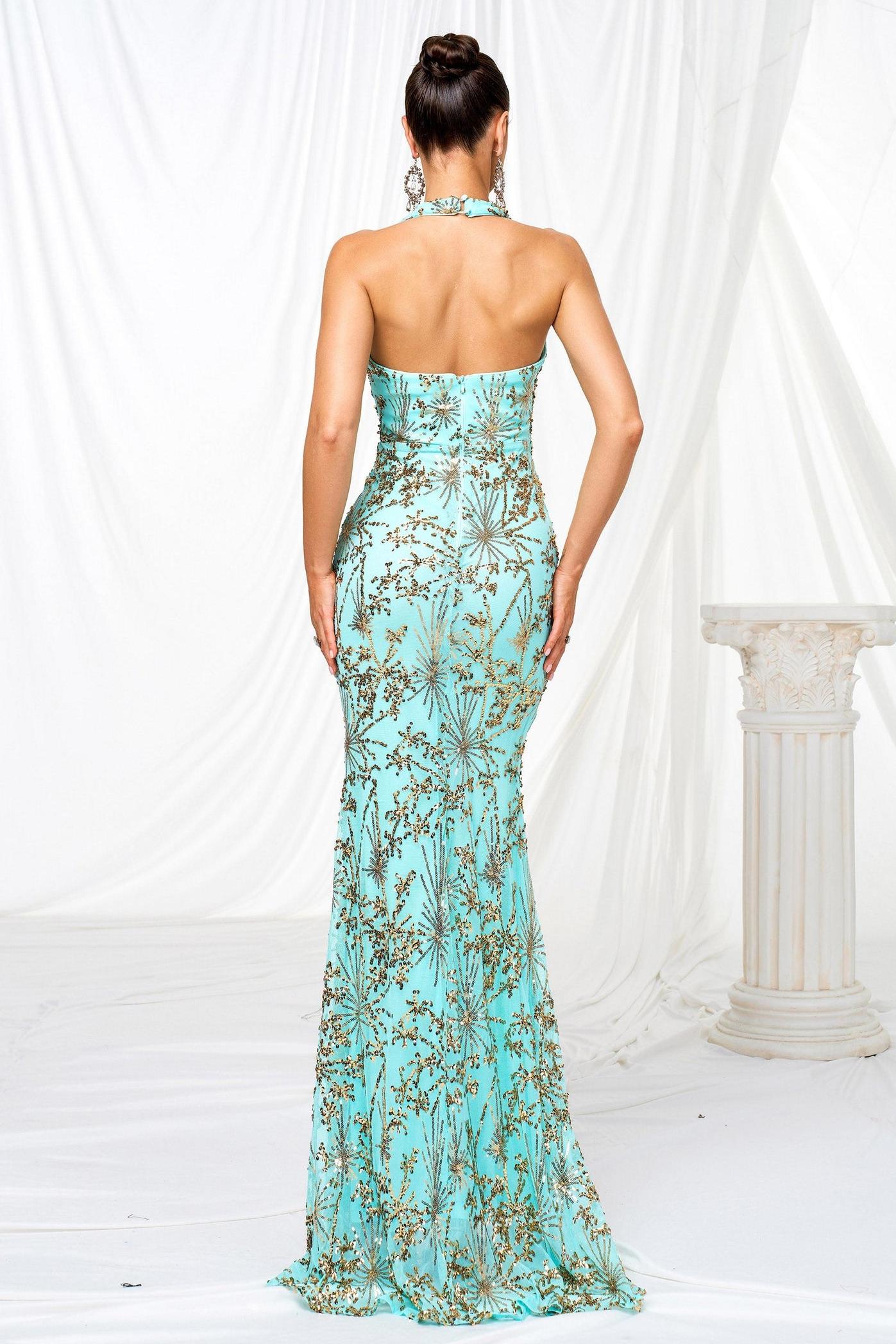 Sequin Halter Neck Slit Maxi Dress