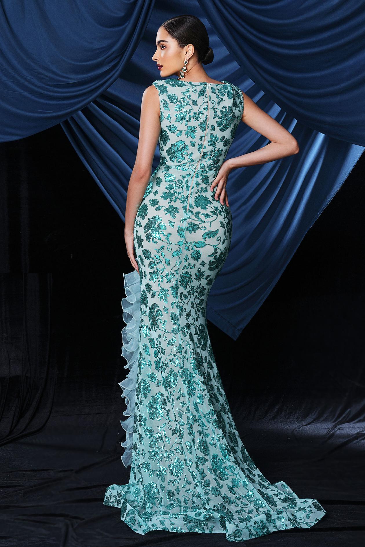 Sequin Sleeveless Frill Slit Maxi Dress