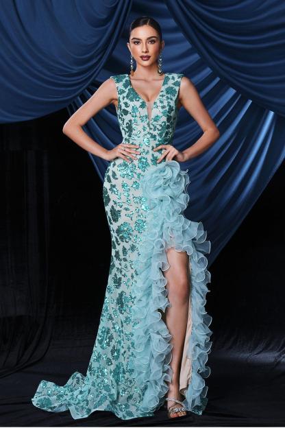 Sequin Sleeveless Frill Slit Maxi Dress