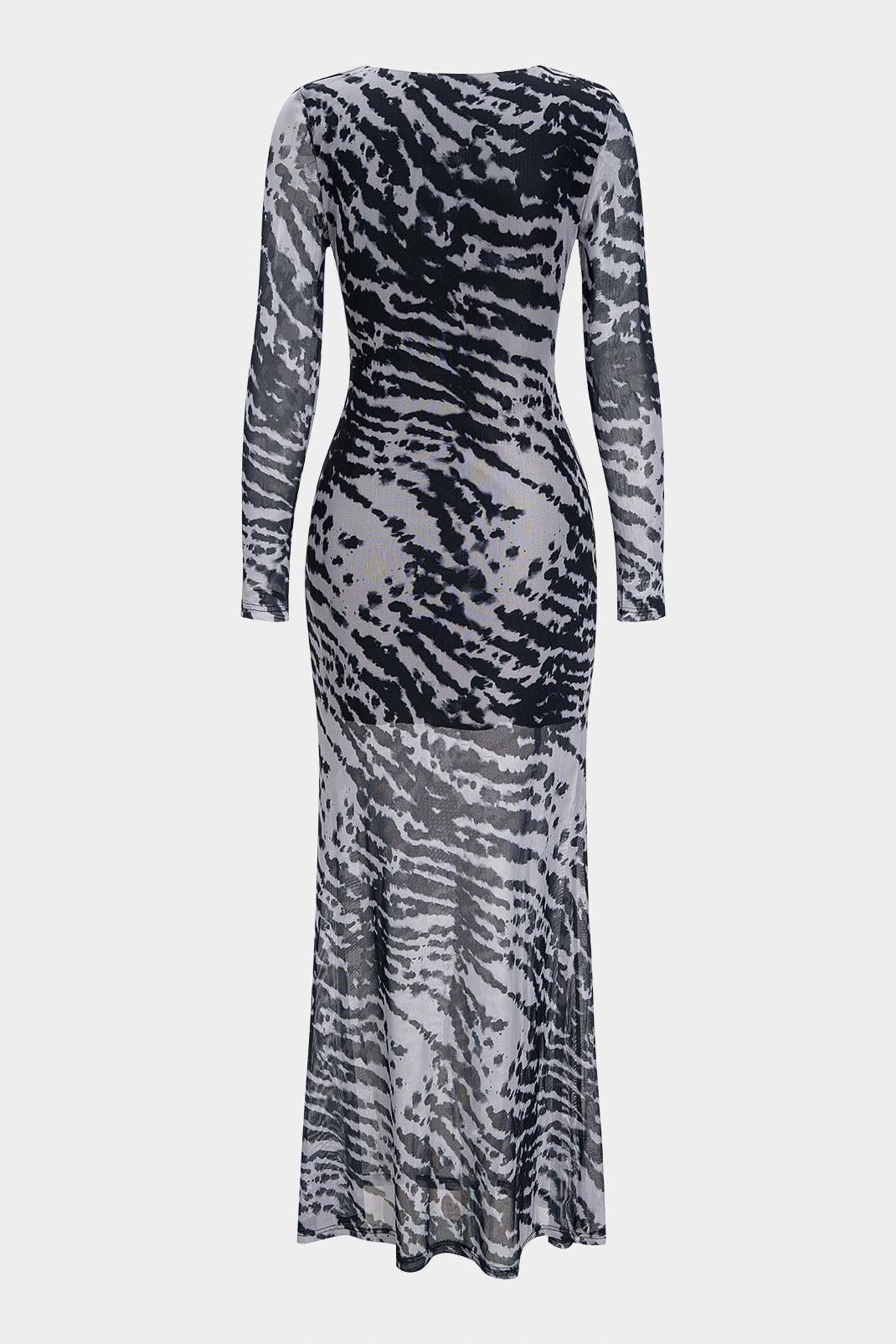Mesh Zebra Print Long Sleeve Maxi Dress