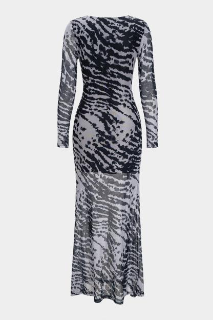 Mesh Zebra Print Long Sleeve Maxi Dress