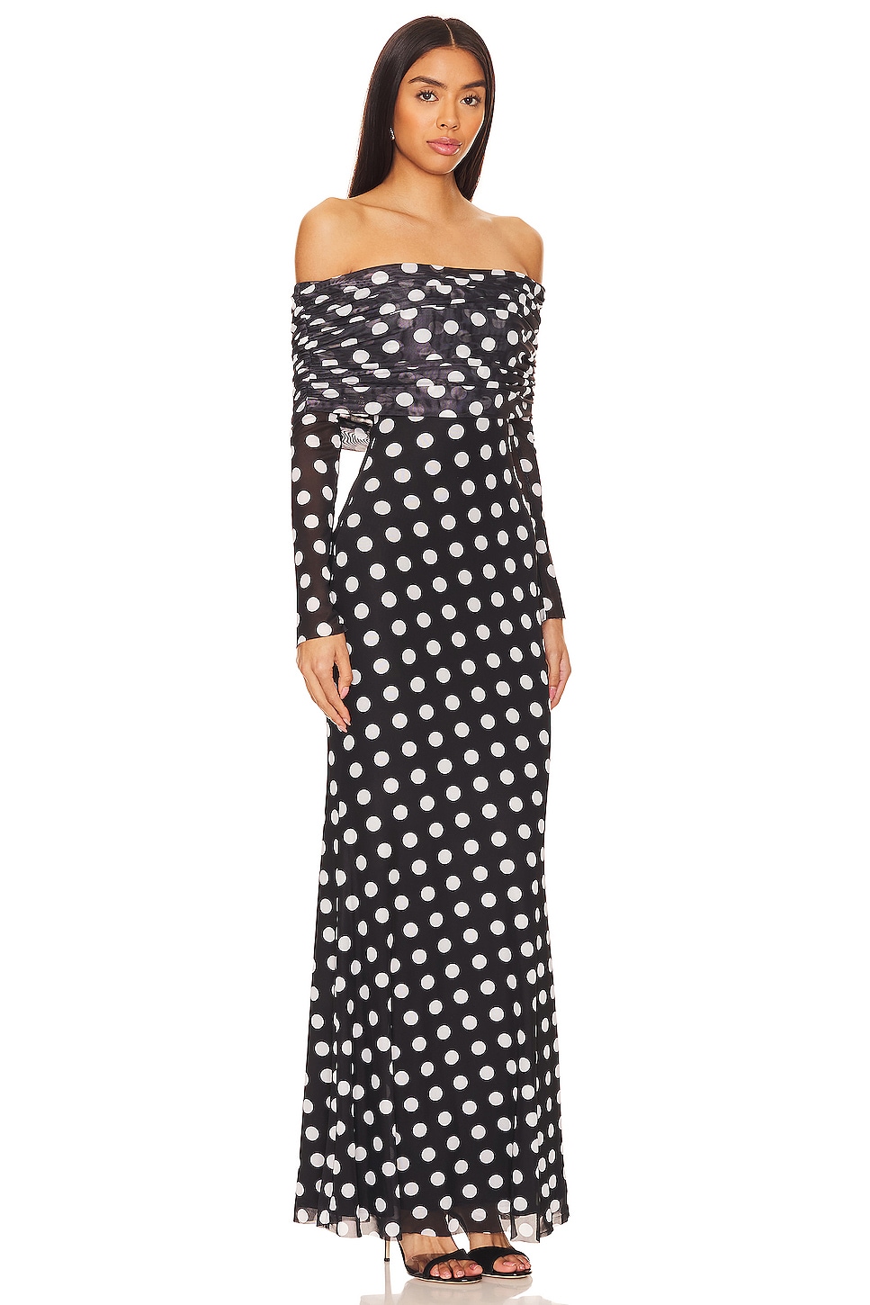 Polka Dot Mesh Long Sleeve Maxi Dress