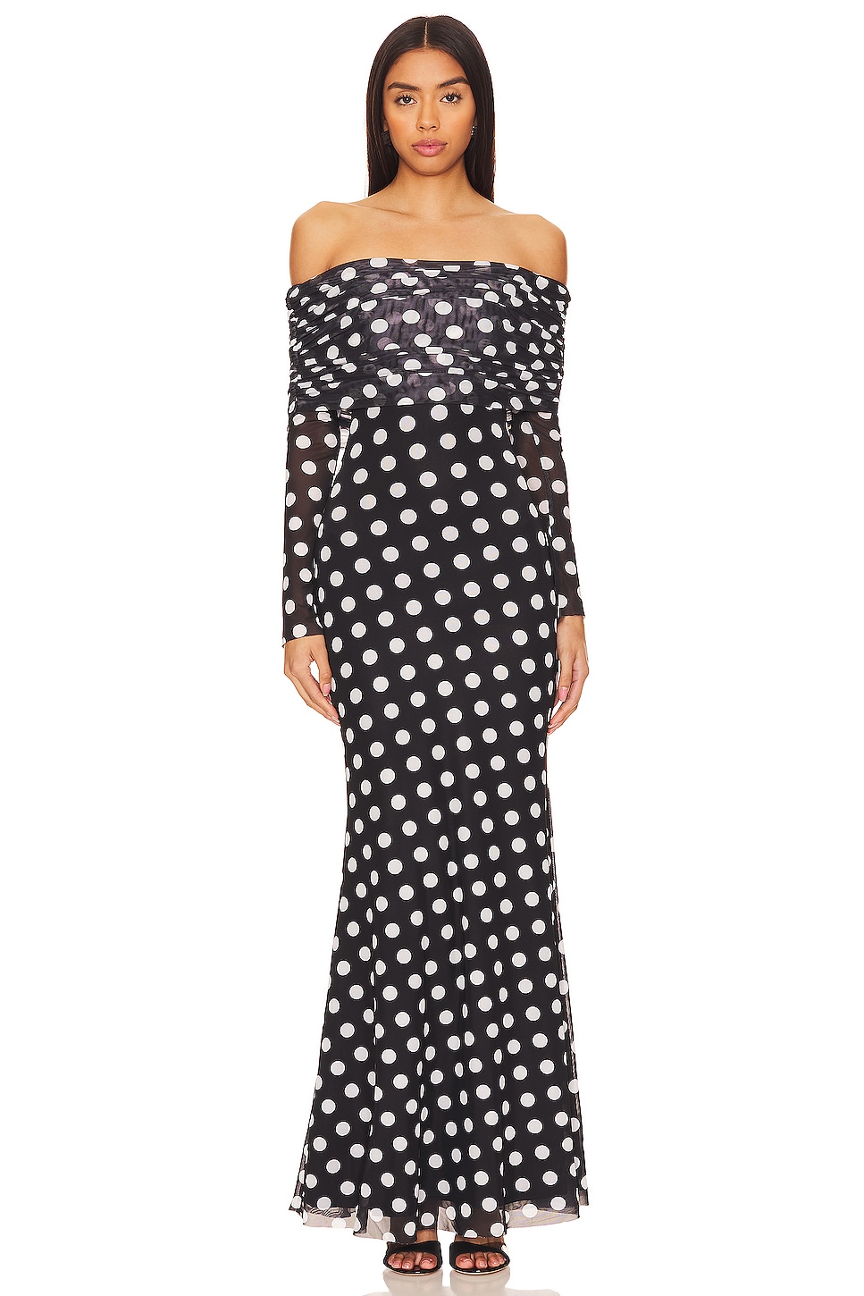 Polka Dot Mesh Long Sleeve Maxi Dress