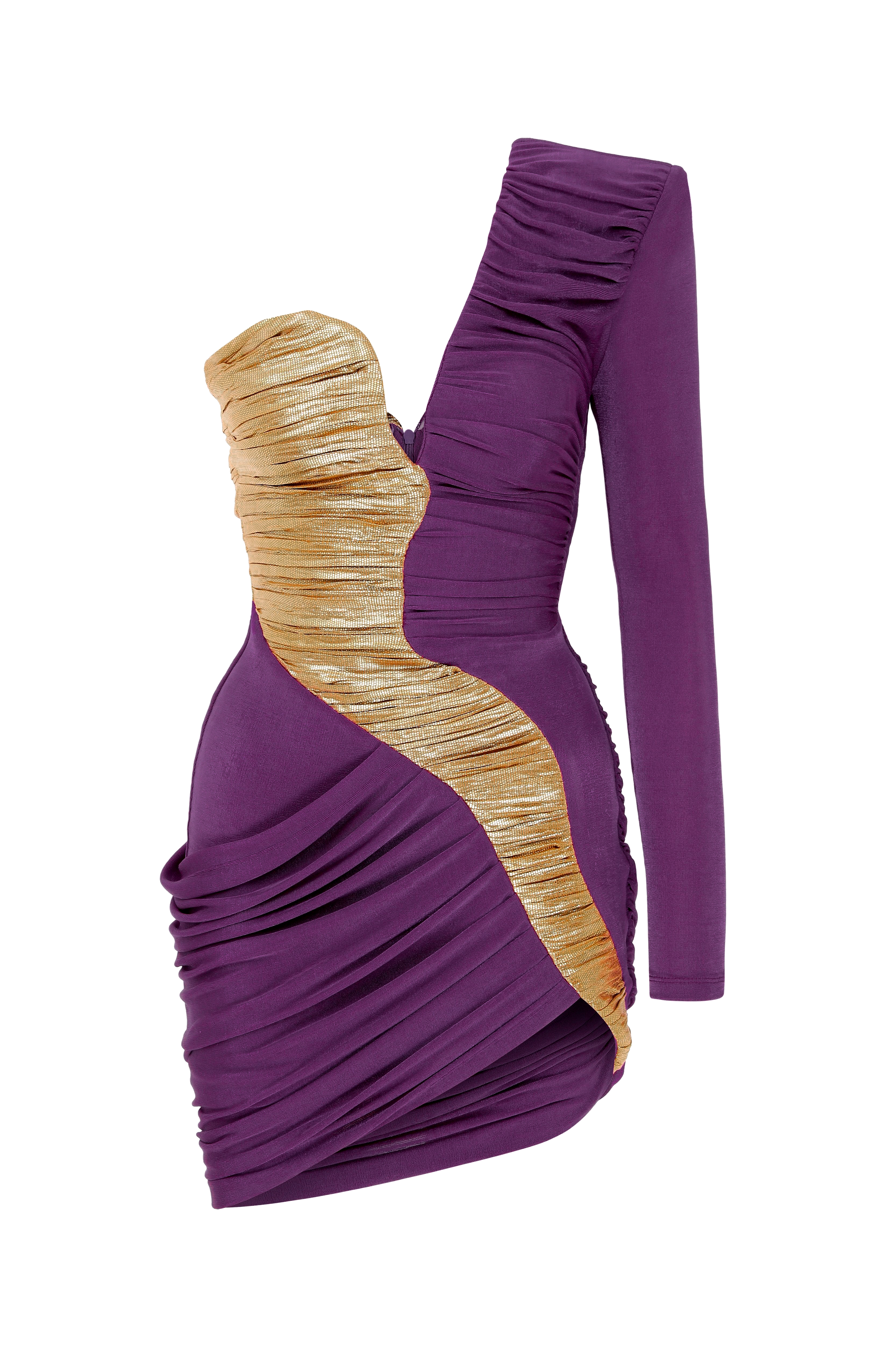 Contrast Color One Shoulder Gathering Mini Dress