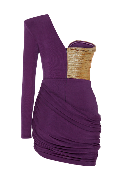 Contrast Color One Shoulder Gathering Mini Dress