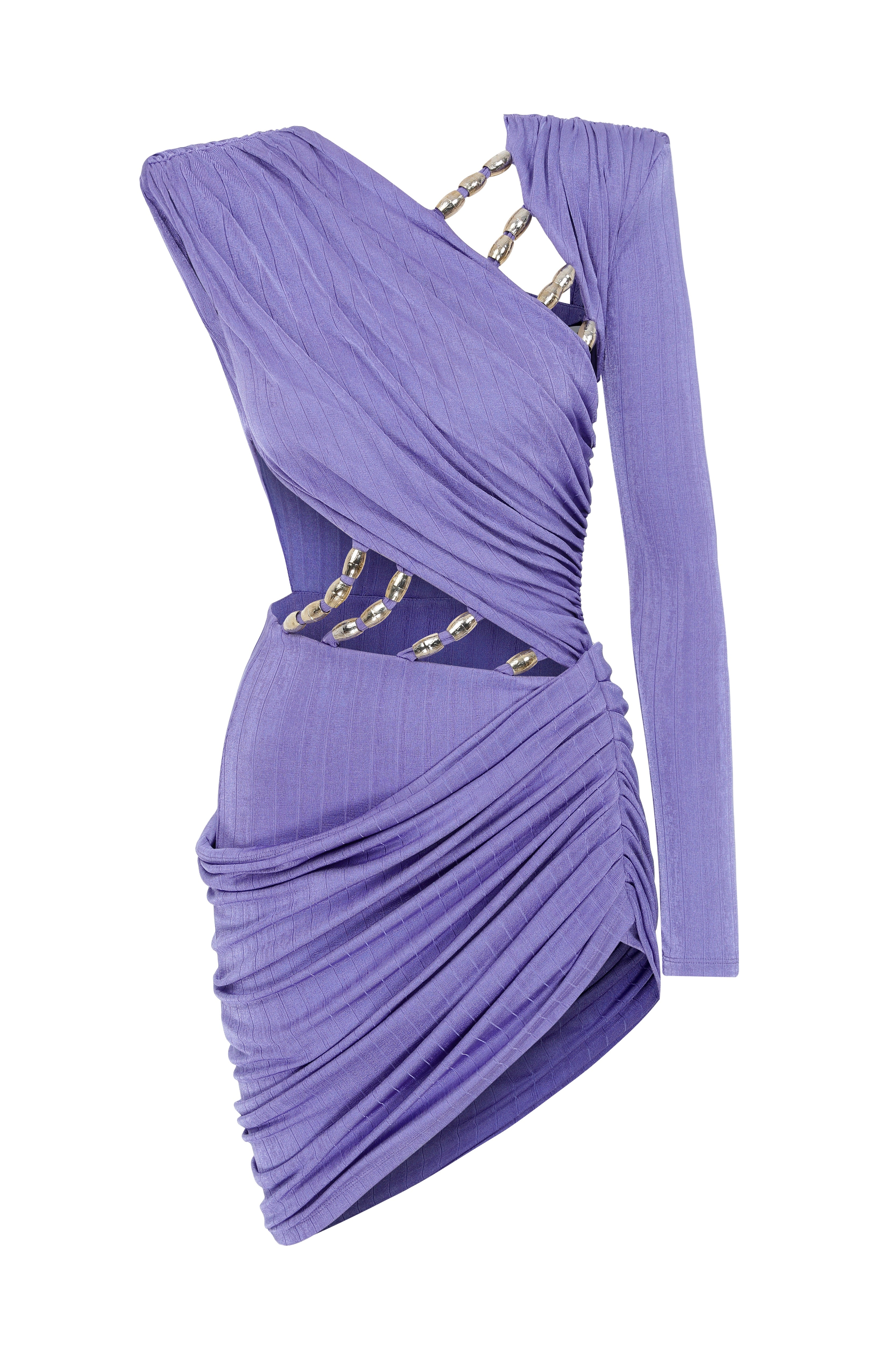 Asymmetrical Sleeve Cut-Out Beaded Mini Dress