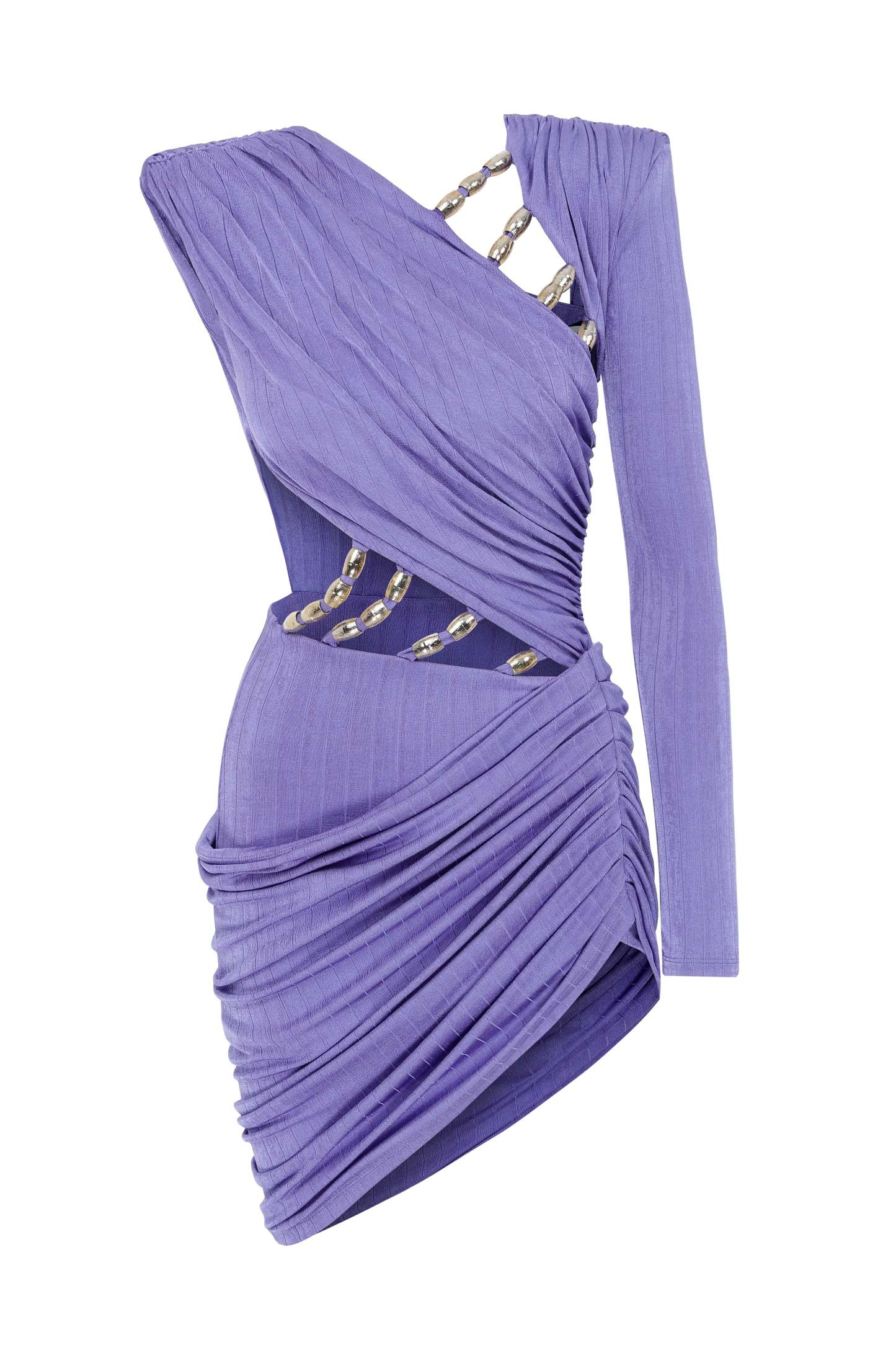 Asymmetrical Sleeve Cut-Out Beaded Mini Dress