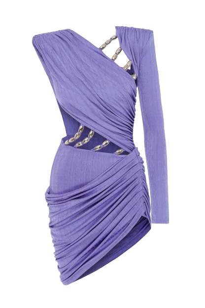 Asymmetrical Sleeve Cut-Out Beaded Mini Dress