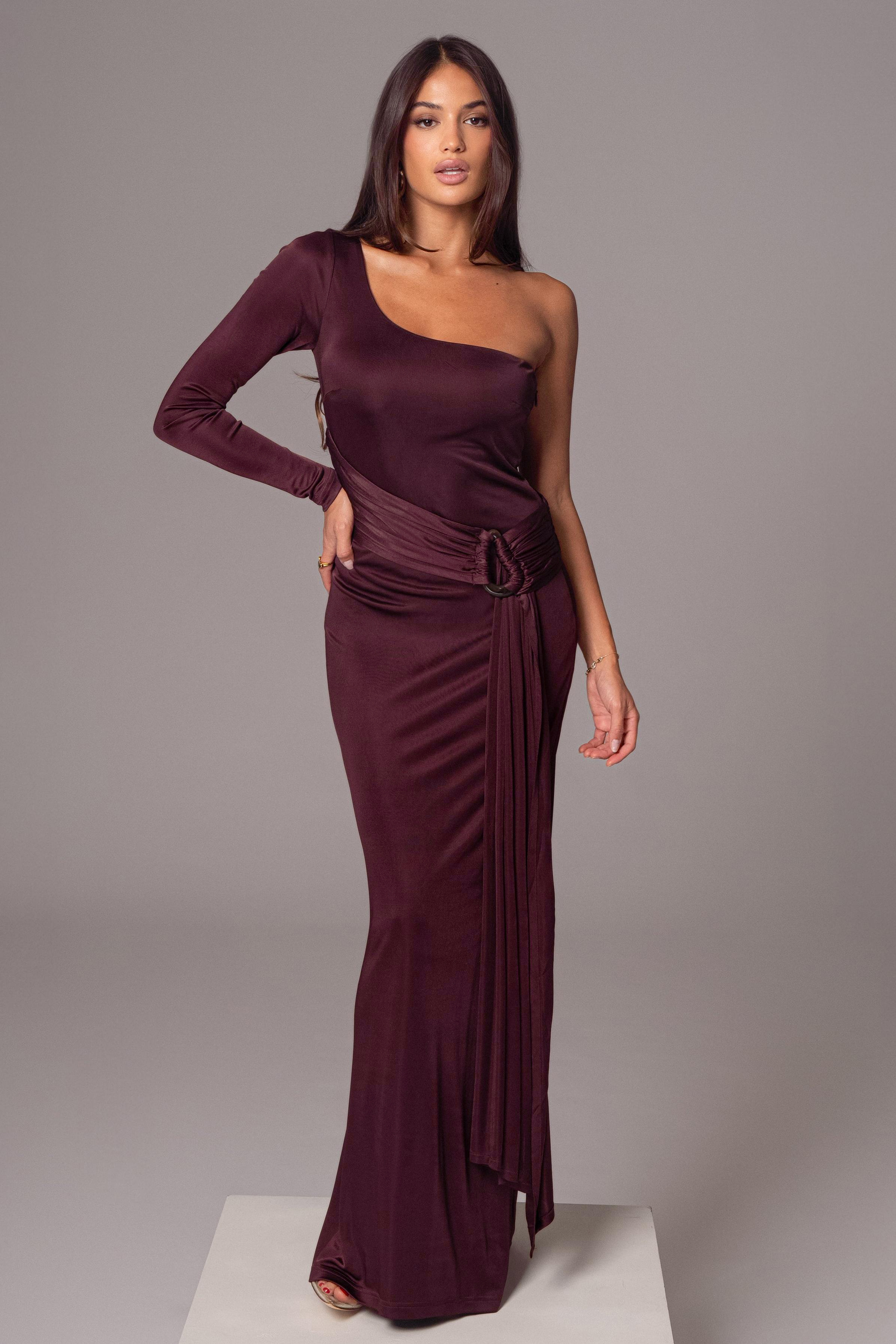 Solid One Shoulder Slit Maxi Dress