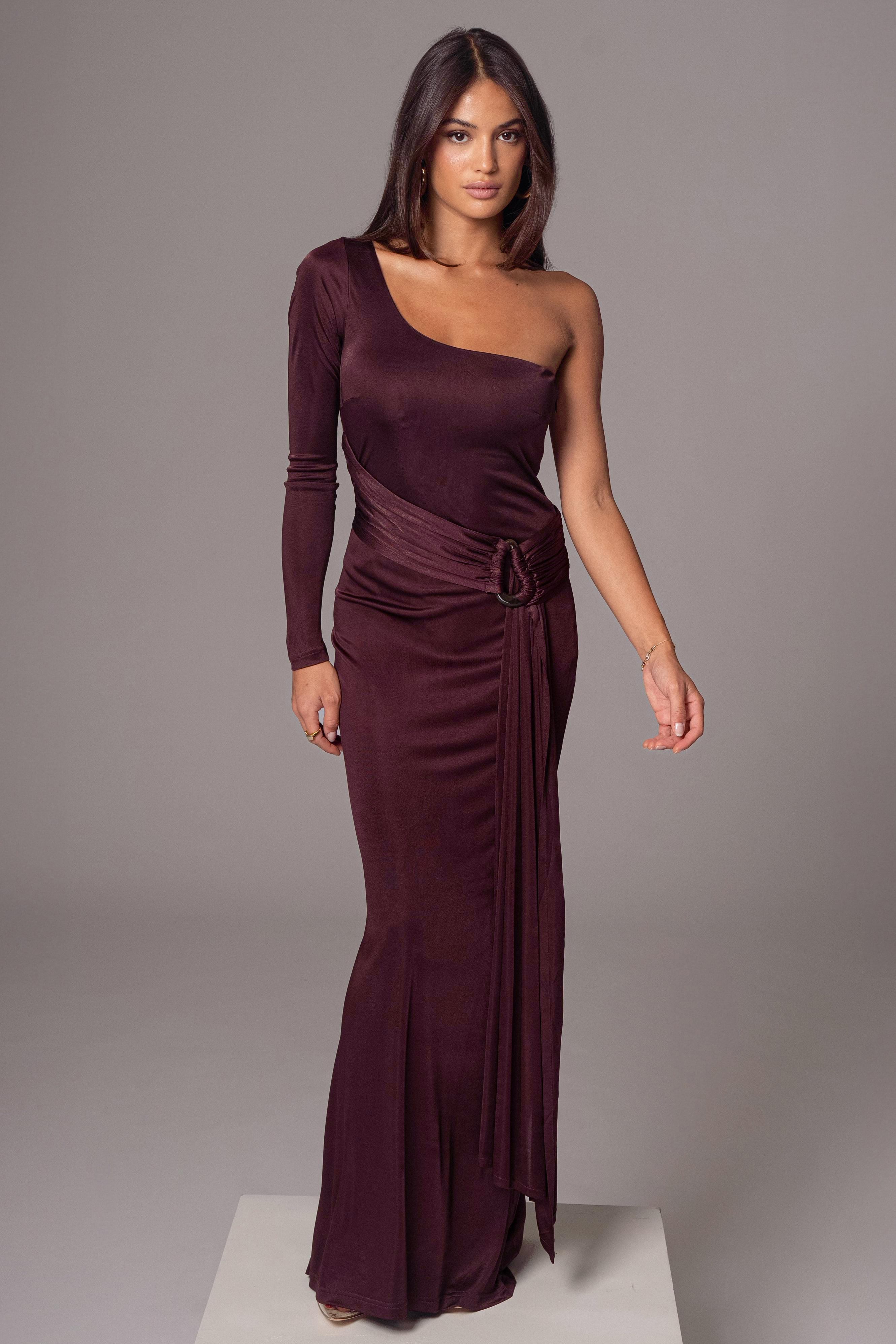 Solid One Shoulder Slit Maxi Dress